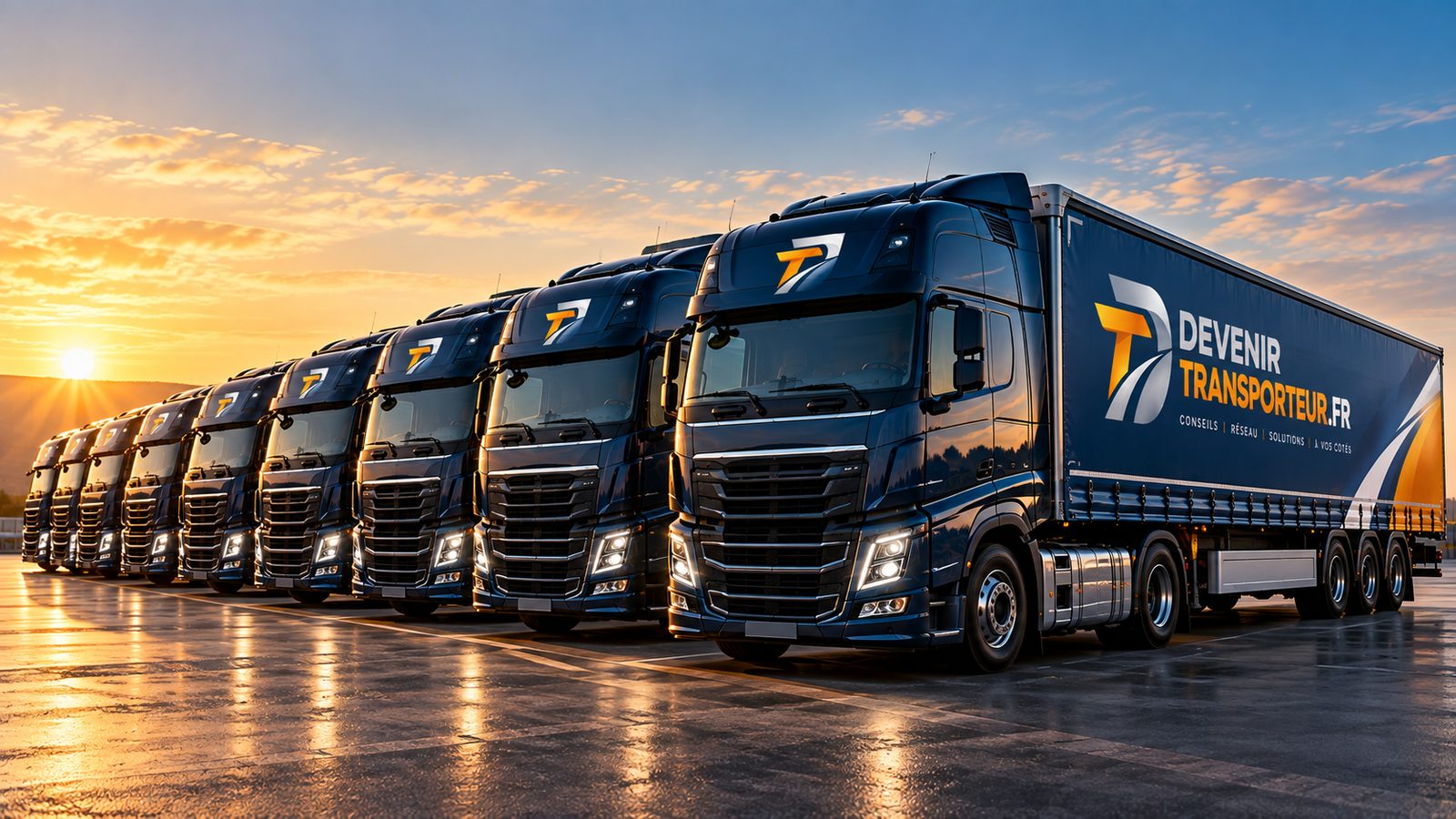 Flotte de camions aux couleurs de devenirtransporteur.fr alignés au coucher du soleil
