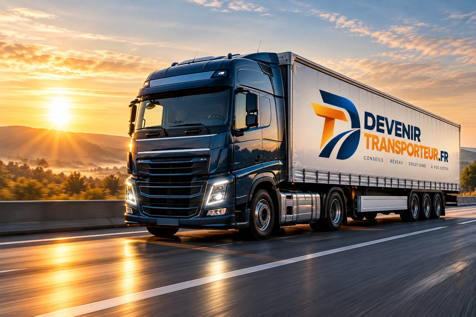 Camion aux couleurs de devenirtransporteur.fr roulant sur l'autoroute au lever du soleil