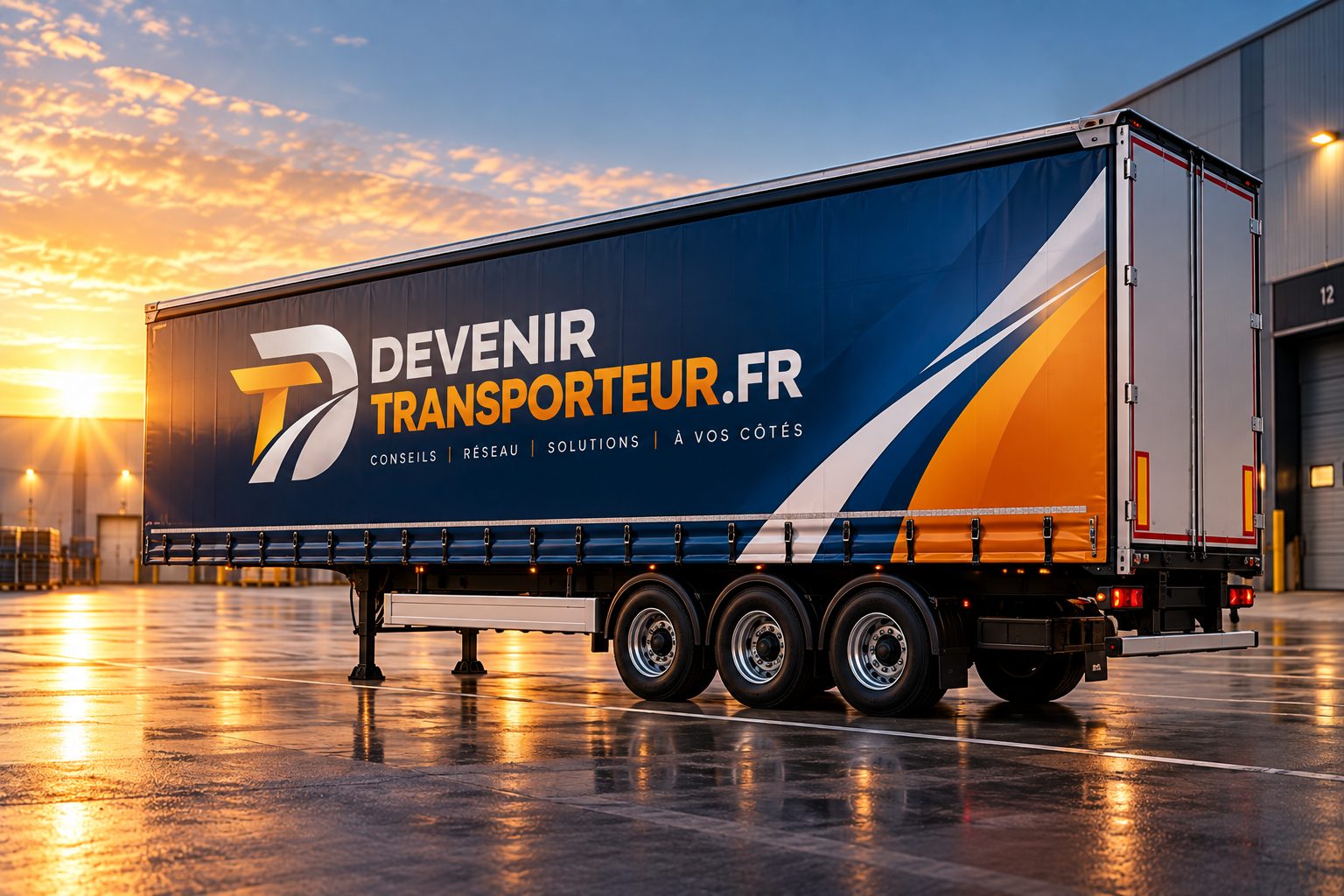 Semi-remorque bâchée aux couleurs de devenirtransporteur.fr