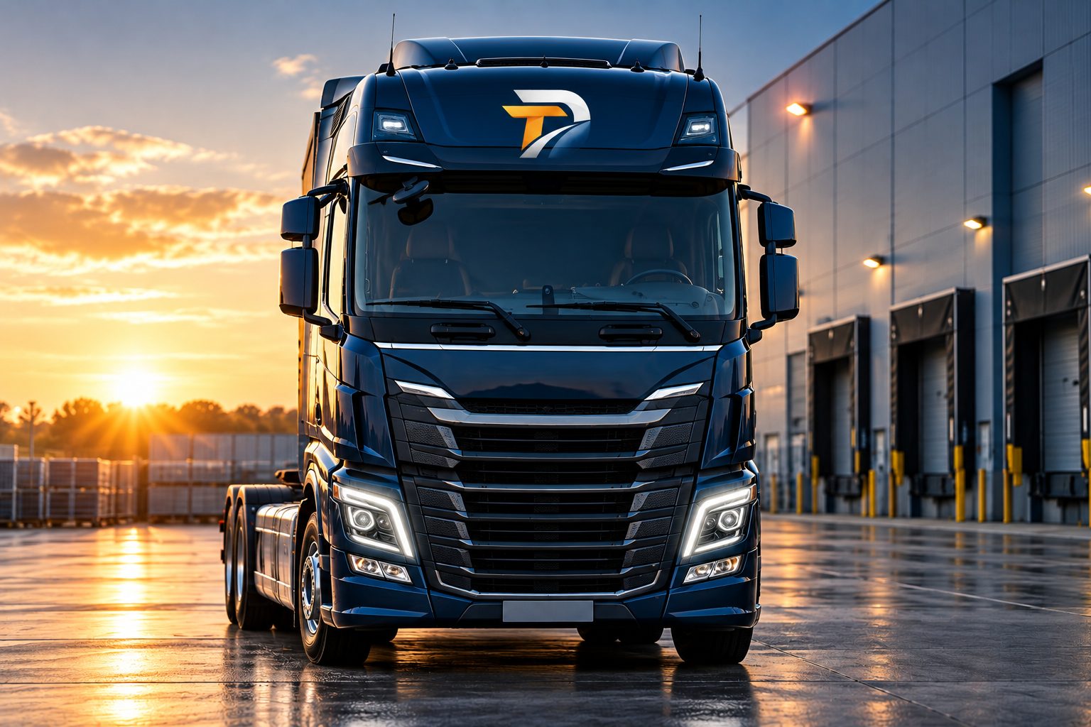 Tracteur routier siglé devenirtransporteur.fr devant une plateforme logistique